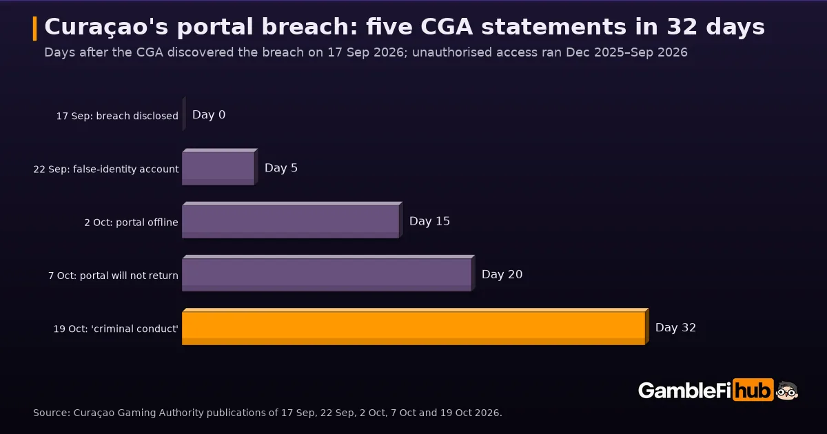 Bar chart of five Curaçao Gaming Authority statements on its licensing-portal breach, from 17 September (day 0) to 19 October 2026 (day 32)