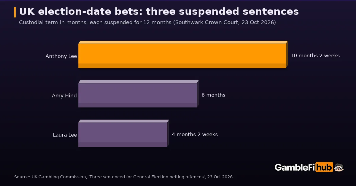 Bar chart of suspended custodial sentences handed down on 23 October 2026: Anthony Lee 10 months 2 weeks, Amy Hind 6 months, Laura Lee 4 months 2 weeks, each suspended for 12 months